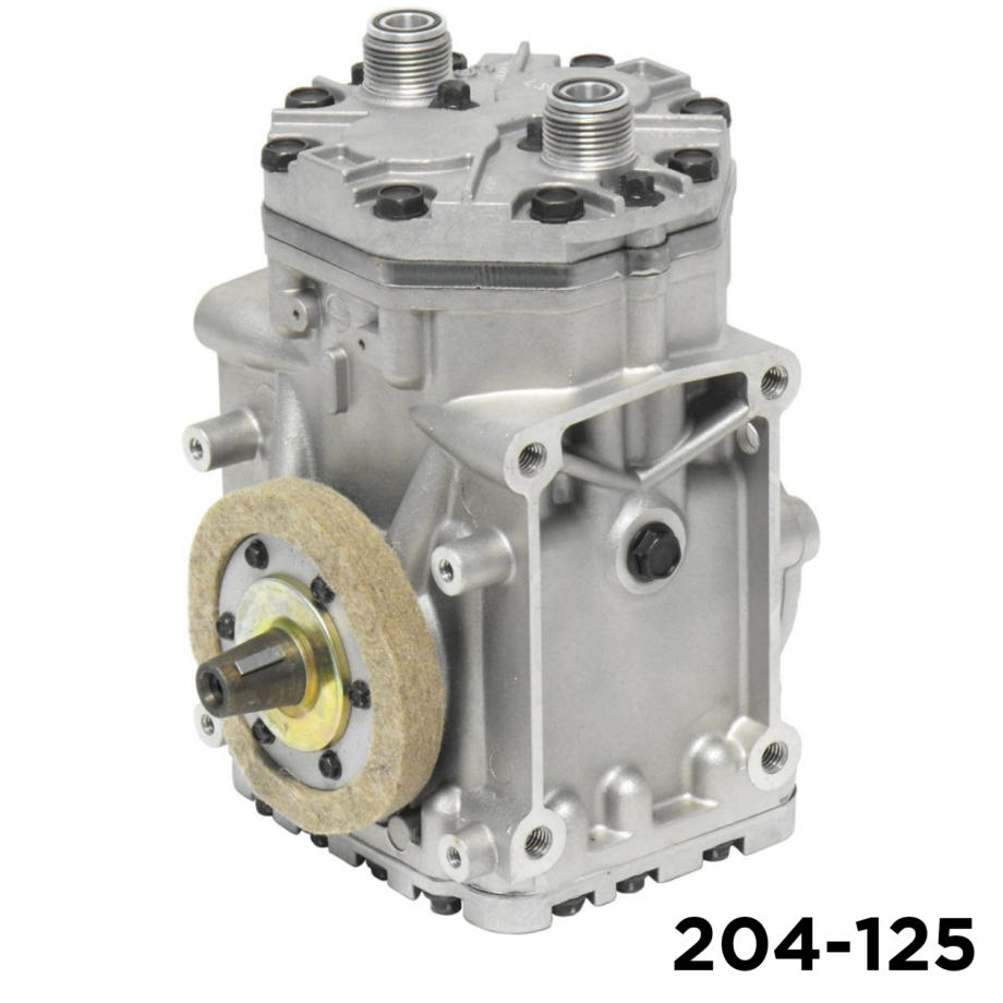 Air Components 204-125 York-style (T/CCI) 2-cylinder A/C compressor, left-hand suction, Tube-O head, direct mount.