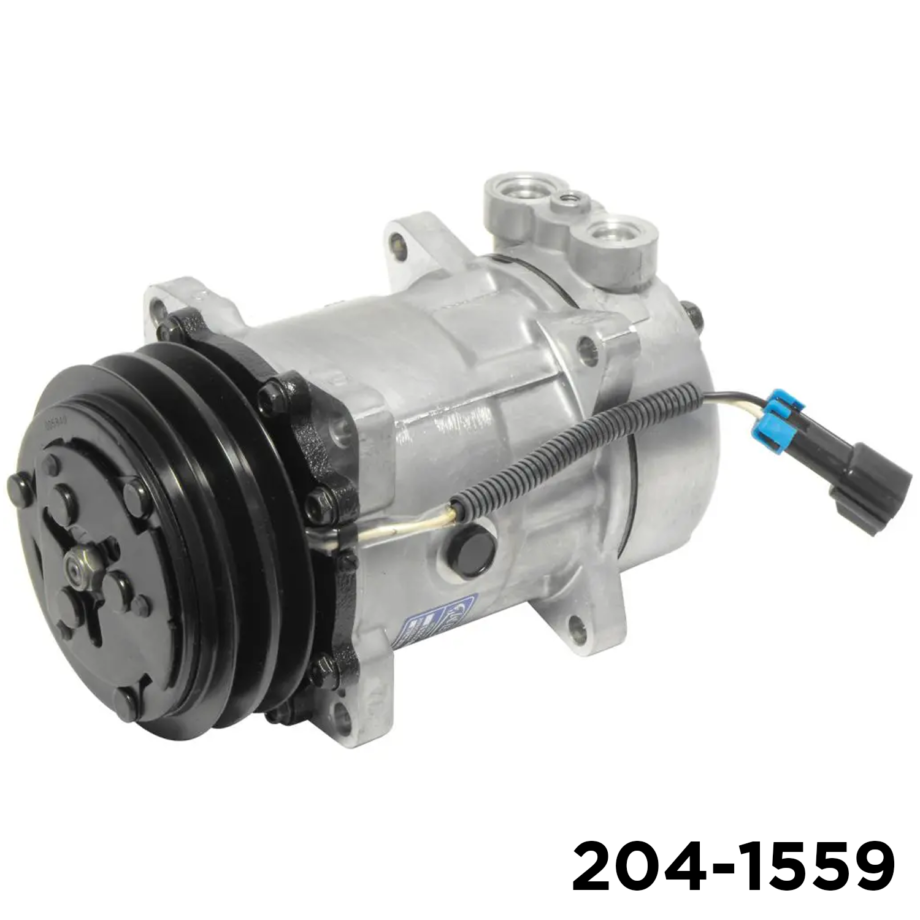 SD7H15-style 2-groove V-belt A/C compressor for Kenworth and Peterbilt, Air Components 204-1559: 125 mm 2-groove clutch, GQ lateral pad/block head, ear mount, 12V 2-wire male spade.