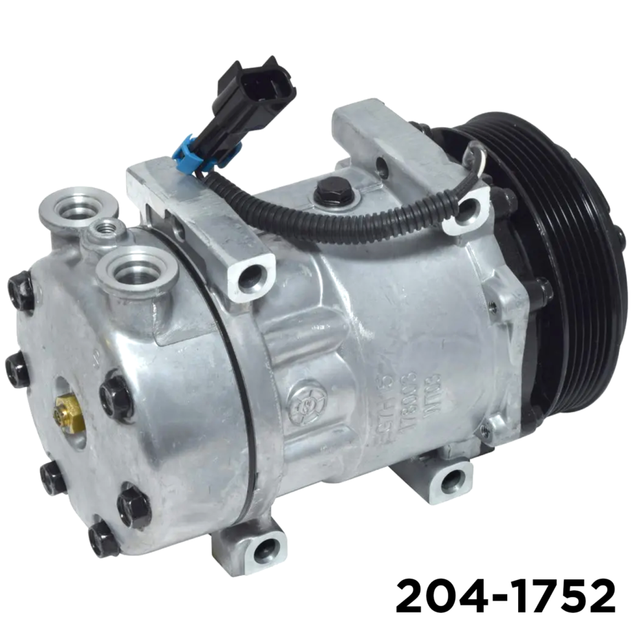 SD7H15-style 6-groove serpentine A/C compressor for Kenworth and Peterbilt, Air Components 204-1752: 125 mm 6-groove clutch, GSA vertical pad-mount head, 12V.