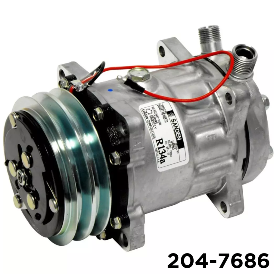 Genuine OEM Sanden SD7H15 (Model 4663) A/C compressor, Air Components 204-7686: double-groove 12V clutch, ear mount, JD cylinder head.