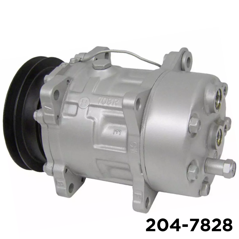 Sanden SD708-style A/C compressor for Mazda B2000 and B2200, Air Components 204-7828: WE pad-style head, 1-groove 125 mm 12V clutch, 4-bolt direct mount.