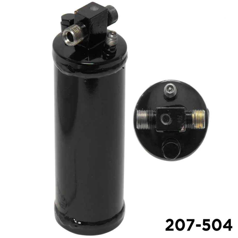 Air Components 207-504 universal receiver-drier, 8 inch, with 3/8 inch male-insert O-ring inlet and outlet, integrated switch port, 1/4 inch service port, and sight glass.