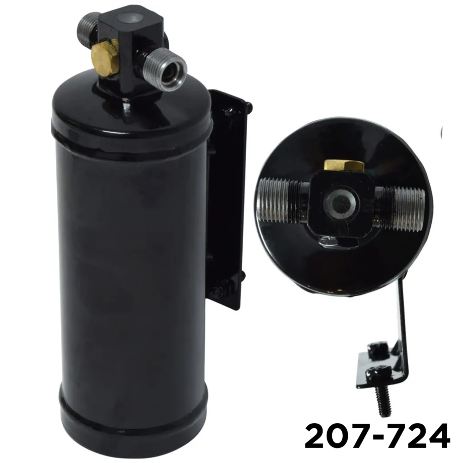 Air Components 207-724 receiver-drier for 1986-1993 Mazda B2000, B2200 and B2600 pickups, 9 mm inlet/outlet, 205 mm length, 63 mm diameter. UAC RD 1312C.