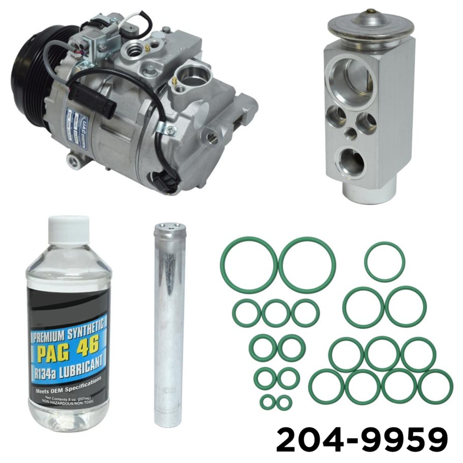 Air Components 204-9959 A/C compressor replacement kit for Sprinter — 7SBU17C compressor, drier, block expansion valve, rapid seal kit, and oil.