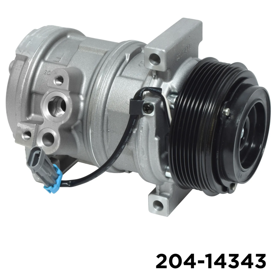 Air Components 204-14343 new aftermarket 10SE18F A/C compressor (UAC CO 22180C) for GM Express/Savana vans and Silverado/Sierra HD trucks, 6-groove poly-V clutch, 12V.