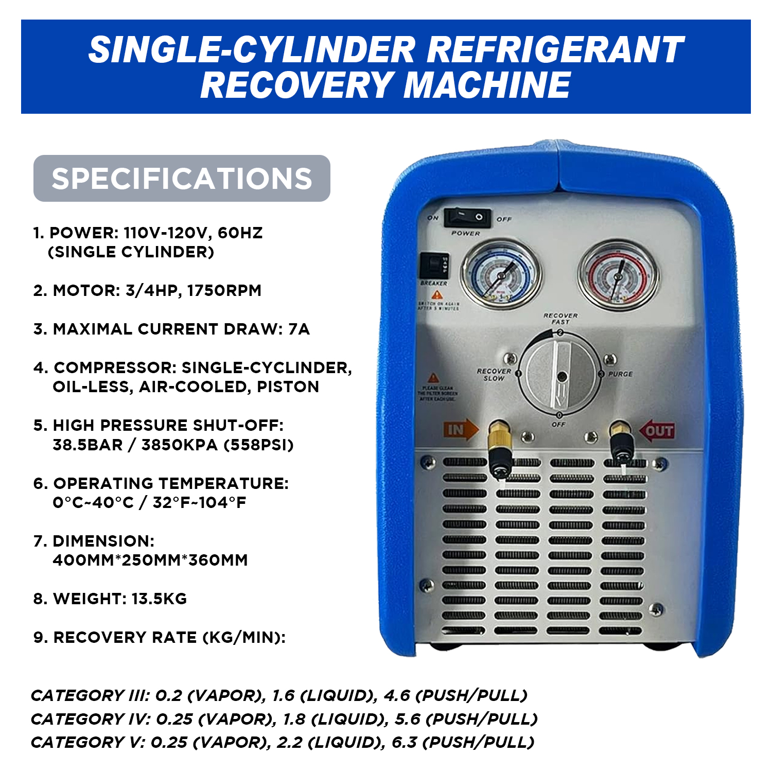 A/C Refrigerant Recovery Machine, 3/4 HP 110V 60 Hz Portable Oil-less