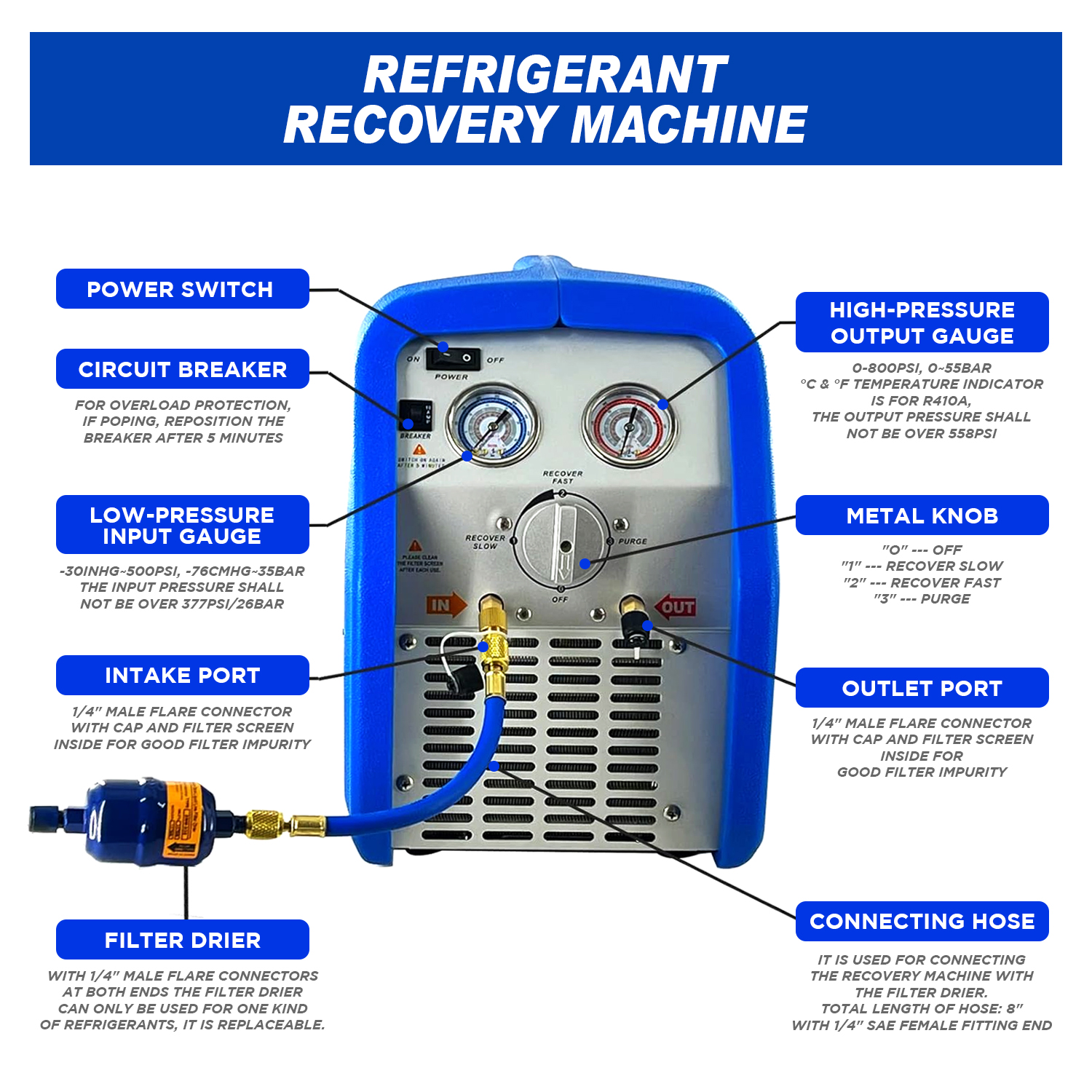 A/C Refrigerant Recovery Machine, 3/4 HP 110V 60 Hz Portable Oil-less