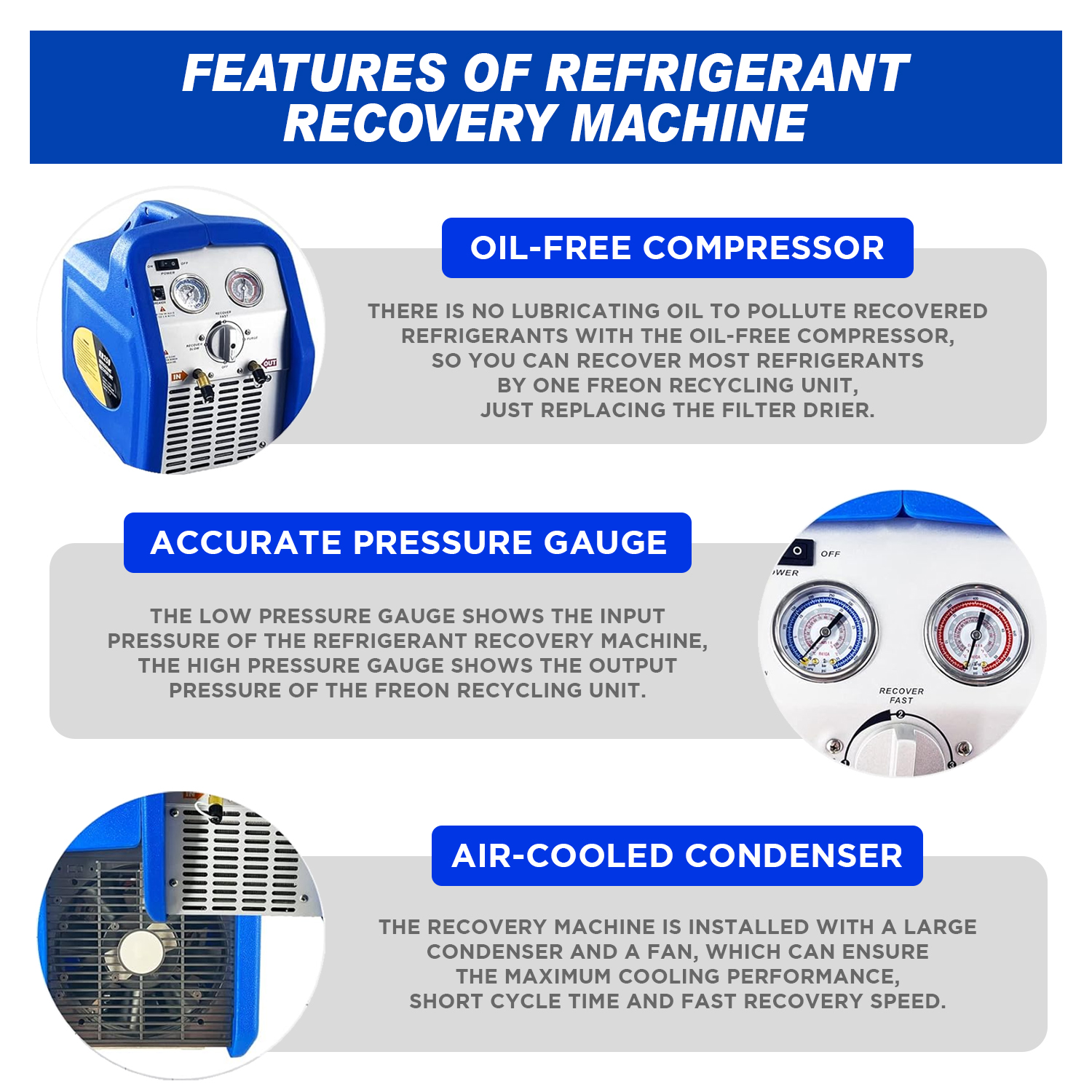 A/C Refrigerant Recovery Machine, 3/4 HP 110V 60 Hz Portable Oil-less