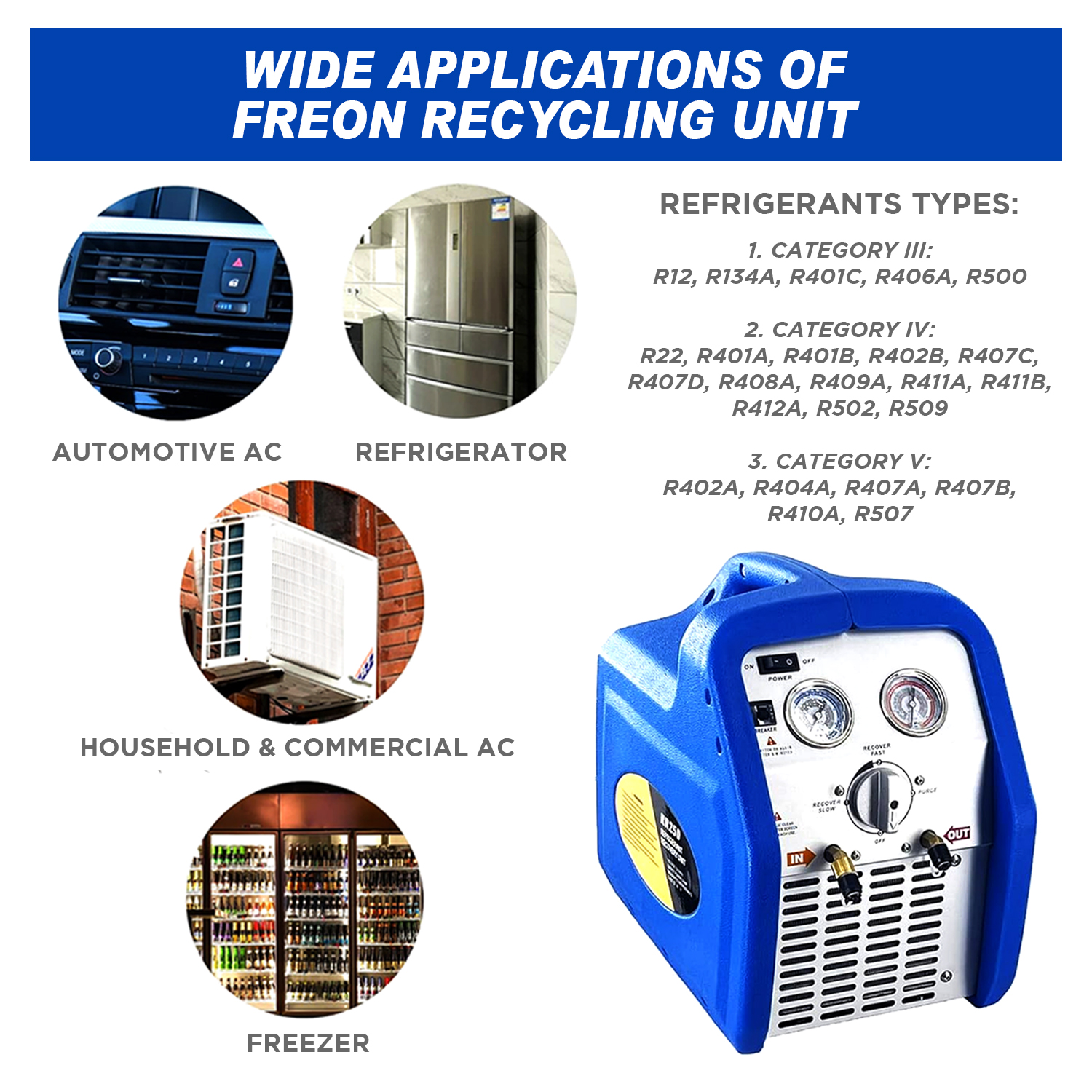 A/C Refrigerant Recovery Machine, 3/4 HP 110V 60 Hz Portable Oil-less