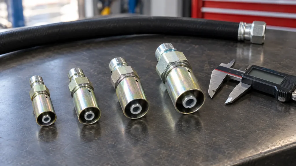 Every A/C fitting listing carries four numbers that never match each other: Size, Tube Size, Thread, and Hose. This chart puts #6, #8, #10 and #12 side by side, shows what each number is measured across, and explains how to identify a fitting in your hand, with O-ring and metric thread tables built from our own listings.